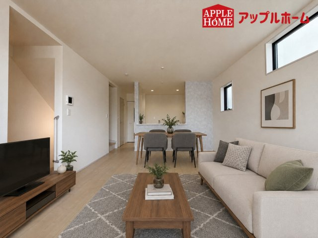 [新築住宅] さいたま市北区植竹町1丁目 全2棟の居間・リビング|人気の対面式キッチンで会話も弾みます！お食事の準備をしながらでもご家族とのコミュニケーションを楽しめますね♪
※家具はCGです