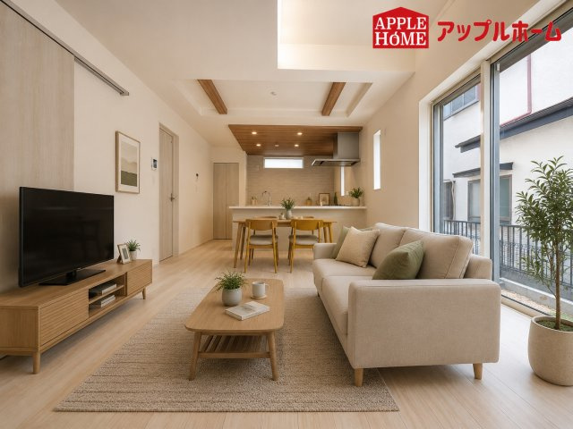[新築住宅] さいたま市見沼区東大宮3丁目 3期 全1棟の居間・リビング|人気の対面式キッチンで会話も弾みます！お食事の準備をしながらでもご家族とのコミュニケーションを楽しめますね♪
※家具はCGです