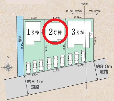 西尾市一色町対米01期　新築分譲住宅　全3棟　2号棟の区画図
