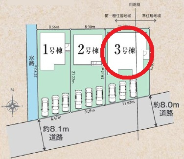 西尾市一色町対米01期　新築分譲住宅　全3棟　3号棟の区画図