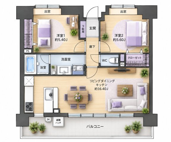 【間取り】 | アクロス天神Vタワー☆仲介手数料無料☆ | ※本図に表示されている家具・家電・照明・インテリア・観葉植物等は、AIによる配置イメージです。実際には設置されておらず、売買対象にも含まれません。図面と現況が相違する場合は、現況を優先いたします