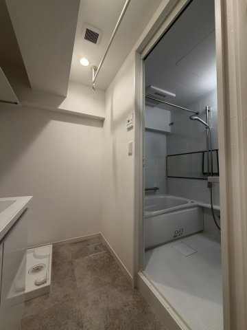 ビレッタ仲六郷の洗面所|ユニットバス、洗濯機、洗面台の配置がまとまっており、使いやすい設計です。