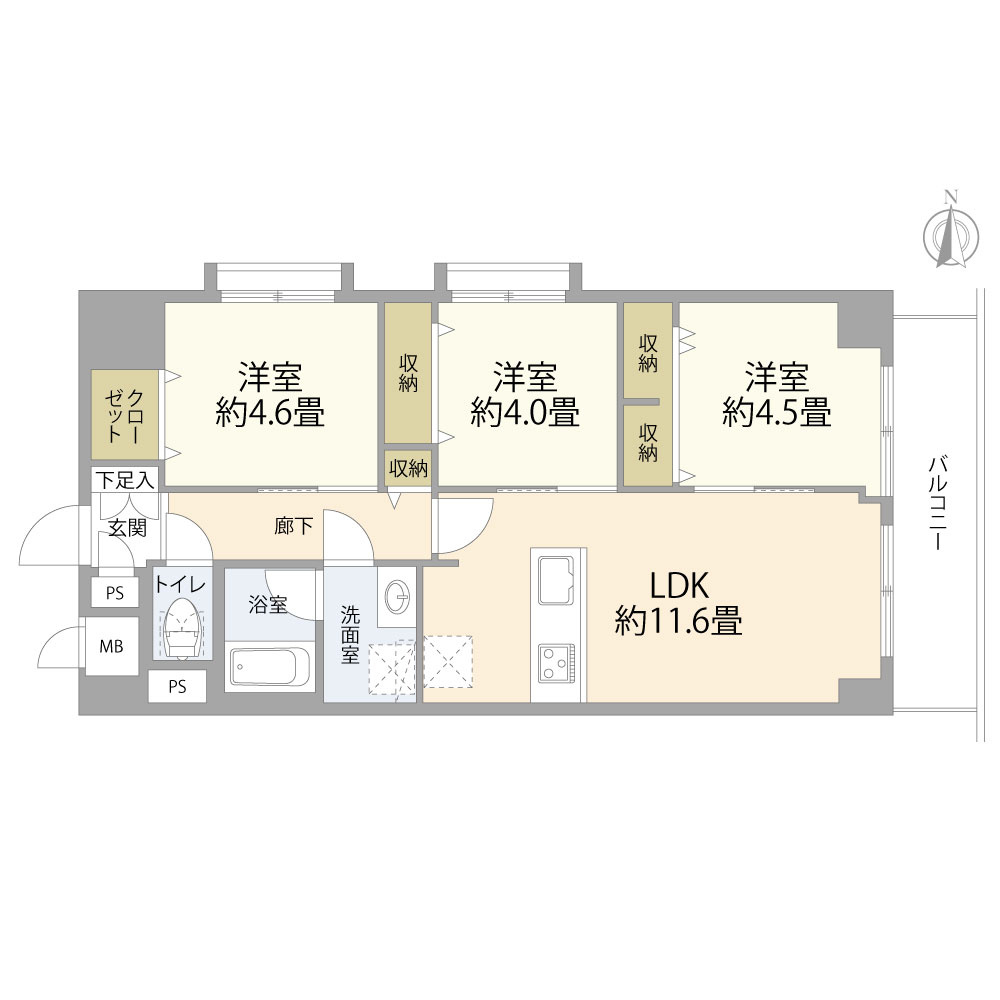 ビレッタ仲六郷の間取り|約11.6帖のLDKを中心に、使い勝手のよい3LDタイプ。角部屋のため全戸に窓がついており、陽当たり通風ともに良好です。