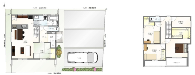 【参考プラン】 | 富士市宇東川東町　限定1区画 | 建物参考プラン１
１F床面積、54.24㎡（16.38坪）
2F床面積、53.41㎡（16.12坪）