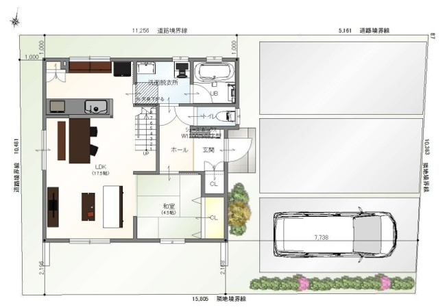 【土地図＋建物プラン例】 | 富士市宇東川東町　限定1区画 | 建物参考プラン１
延床面積107.65㎡（32.50坪）
並列3台駐車可能♪