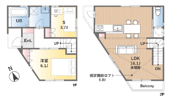 練馬区関町南1丁目　省スペース×多機能化　コンパクト邸宅の間取り|1LDK+ロフト(固定階段式)　敷地面積 64.37ｍ2　建物面積 61.21ｍ2