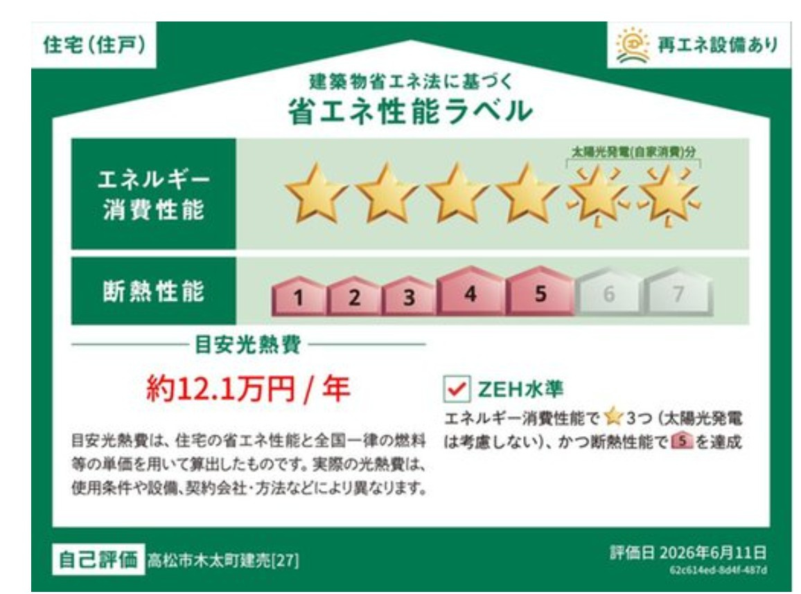 ◇高松市木太町オール電化住宅の省エネ性能ラベル|ＺＥＨはエネルギーと家計の節約だけでなく、健康にいい快適な住環境を創り出します。