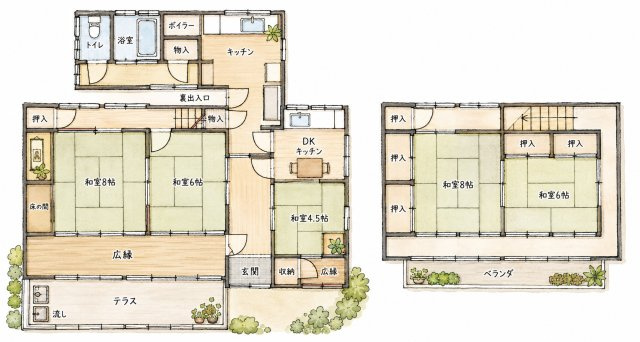 高崎市中里町 中古住宅の間取り|※現況優先 和室中心のゆとりある間取り。1階・2階ともに続き間を備え、収納も豊富。広縁やルーフバルコニーがあり、ゆったりとした暮らしを楽しめます。
