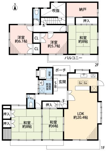 小牧市光ヶ丘4丁目　中古戸建の間取り|広々20帖のリビング。和室２間続きの広々空間。
全居室南向き。