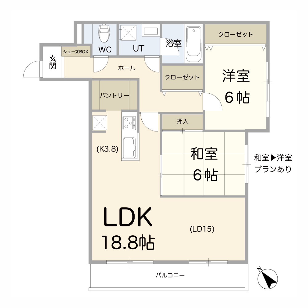 クリオ伏見ホームズの間取り|元々３ＬＤＫだった間取りを２ＬＤＫに変更されている本物件。ゆったりとしたリビングダイニングとなっております。