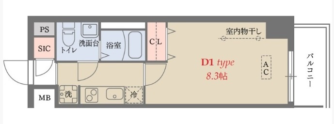 DeLCCSデルクス梅屋敷の間取り|1K洋室8.3帖バストイレ別独立洗面台！
