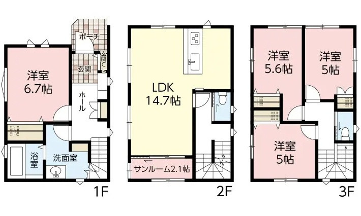 広島市南区宇品神田５丁目　新築一戸建ての間取り