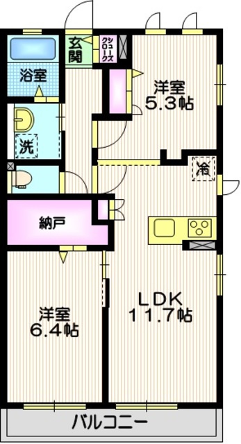 マイカーサ北鎌倉の間取り|大容量のウォークインクローゼットつき2LDK