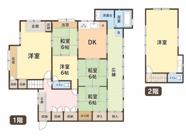 【間取り】 | 太田市宝町　中古戸建 | 2つの玄関と2箇所のトイレを備え、出窓や広縁、豊富な収納が配置された部屋数多めの6DKです。