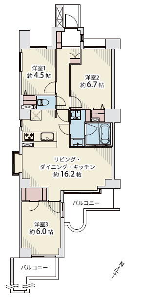 ライオンズガーデン東大宮弐番館の間取り|【3LDK南東向き】広々16.2帖のリビングでゆとりのある空間をペットと一緒にお過ごしいただけます◎プライベートが確保できるアルコーブ・TVインターフォン付きで安心！