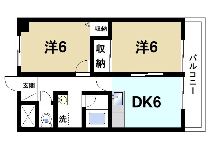 プリオール大安寺の間取り|ゆったりと暮らせる2DKの間取りです。