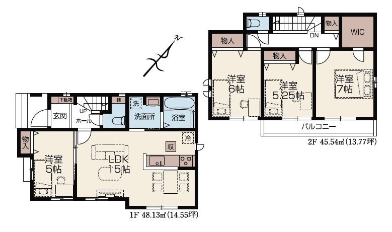 入間市高倉2丁目・全1棟　新築一戸建　～LDK15帖～の間取り|広々LDK15帖、全居室南東向きの4LDK!