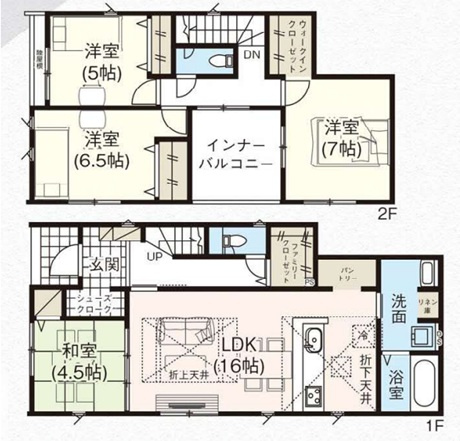 【間取り】 | 高崎市石原　GRAFARE | 16帖のLDKと和室が繋がる開放的な1階には、ファミリークローゼットやパントリーなど収納が充実。2階には独立性の高い3つの洋室とWIC、天候を気にせず洗濯物が干せるインナーバルコニーを備えた間取りです
