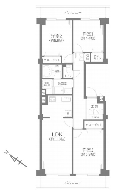 大宮平和台マンションA棟の間取り|【大宮平和台マンションA棟】・3LDK・専有面積72.39m2・バルコニー面積12.99m2