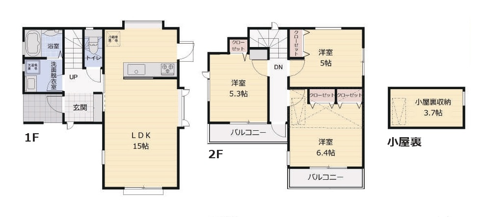 入間市東町1丁目・全1棟　新築一戸建　～LDK15帖～の間取り|家族でゆったり過ごせるLDK15帖、季節物などの収納に便利な小屋裏収納付、室内に明るい日差しが差し込む全室2面採光の3LDK。