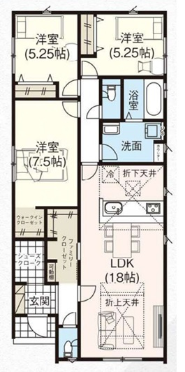 【間取り】 | 高崎市石原　GRAFARE | 折上天井のある広々18帖のLDKが魅力。ファミリークローゼットやシューズクローク、WICなど豊富な収納を完備し、全室洋室で快適に過ごせる機能的な間取りです。