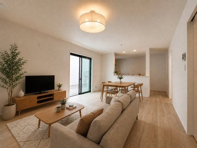 青梅市裏宿町　新築戸建全4棟の居間・リビング|LDK16帖　※家具はCGイメージです。