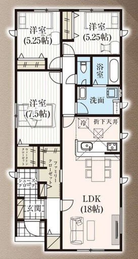 【間取り】 | 高崎市下中居町　GRAFARE | 玄関近くの大型クローゼットや各室のWICなど収納充実。洗面室とキッチンが近く、家事動線にも優れた、快適で便利な3LDKです。
