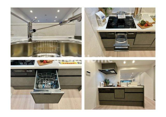 ルマージュ綾瀬のキッチン|【システムキッチン】ワイドで収納豊富な使い勝手の良いカウンターキッチンには、食洗器・伸縮タイプのキッチン水栓、三ツ口コンロ・魚焼きグリルなどの便利な設備が標準完備されています。