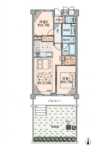 パークハイム桜新町の間取り|パークハイム桜新町：南向き専用庭付き！全居室に収納・窓が付いた２ＬＤＫ床暖房・エアコン付きリノベーション物件です！