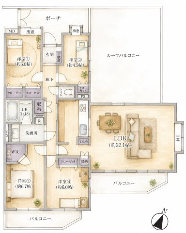 ファミール鷺沼の間取り|4LDK、価格5999万円、専有面積96.82m2、バルコニー面積14.55m2 ルーフバルコニー面積30.82m2  【LDK　22.1帖】 【洋室　6.0帖・6.7帖・6.0帖・4.5帖】
