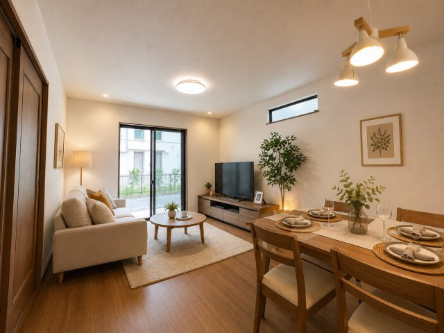 青梅市裏宿町　新築戸建全4棟の居間・リビング|LDK16帖！※家具はCGイメージです。