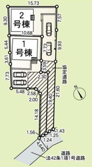 【区画図】 | 厚木市下荻野  2号棟 第19 | 2号棟　旗竿地（間口約2.6ｍ）　駐車2台（車種によります）　敷地面積73.5坪（路地状部分敷地59.57㎡含む）　※協定地有
