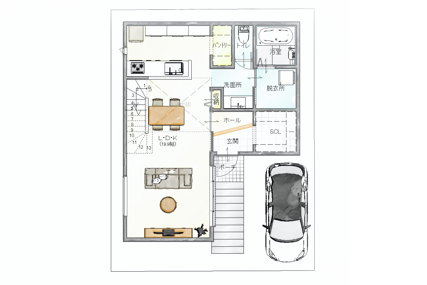 宮之阪5丁目2階建て【mirea-ミレア】の間取り|朝日を存分に取り入れられる吹き抜けリビング。高低差を生かした大きな開口が、より心地よい空間を実現