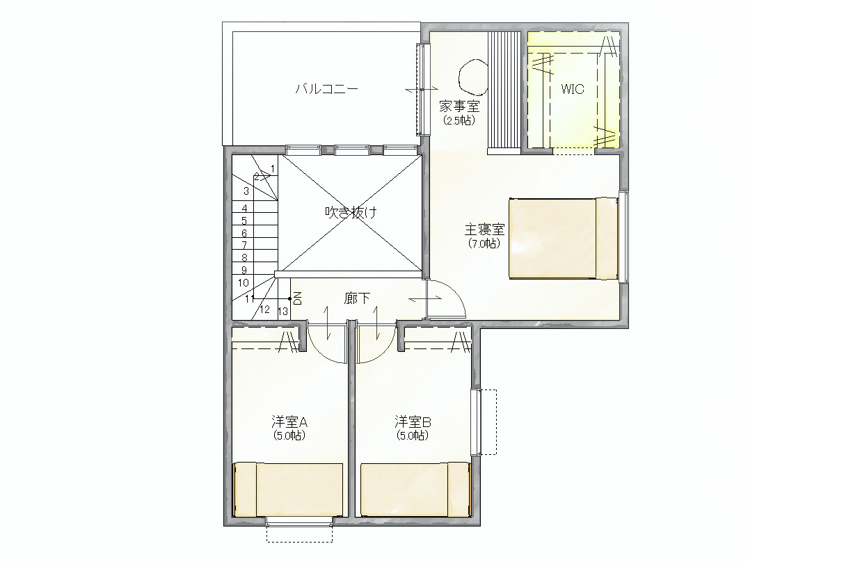 宮之阪5丁目2階建て【mirea-ミレア】の間取り|2階は洋室3部屋。寝室にWIC＞家事室＞バルコニーの直線動線を設けて、家事楽動線を確保しました。