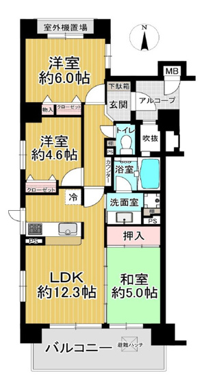 【間取り】 | エスリード北田辺第3 | 南西角住戸！【3LDK＋南向きワイドバルコニー☆】キッチン・バス窓付き☆陽当り＆通風良好です☆
