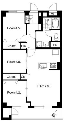 しらとり台住宅2号棟の間取り|LDK、専有面積58.5m2、バルコニー面積5.88m2＋３closetの間取りです。