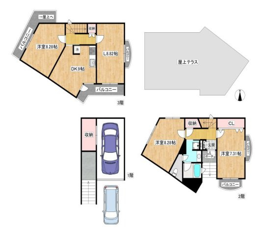 甲陽園東山町の間取り|南向きバルコニー・3面採光　陽当たり・通風良好