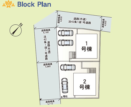クレイドルガーデンうるま市勝連南風原　第６・２号棟の区画図|区画図／接道状況：南西側5.7ｍ公道、北西側4.0ｍ公道
