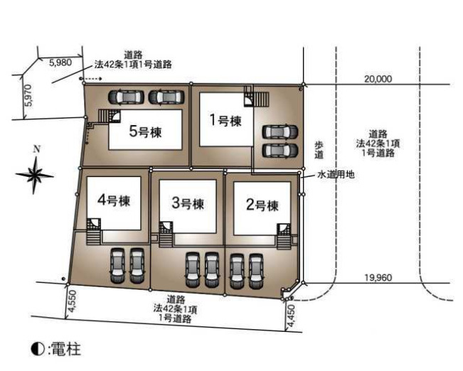 龍ケ崎市白羽第11　新築戸建　4号棟の区画図|計5区画の分譲地。建物配置も無理なく、駐車も快適にできます。
