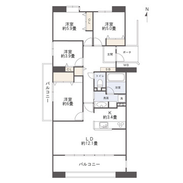 レークヒルズ野多目二番館の間取り|専有面積84.80㎡の角部屋4LDK。2面バルコニーに日当たり良好
ファミリーの方におすすめの広さです