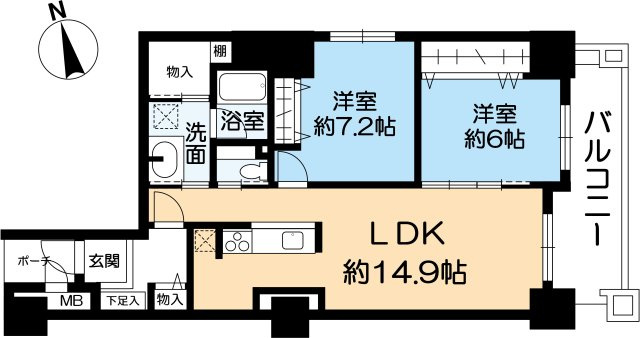 ラ・ヴィーダ西宮の間取り|2LDK　専有面積74.08㎡　バルコニー面積11.73㎡