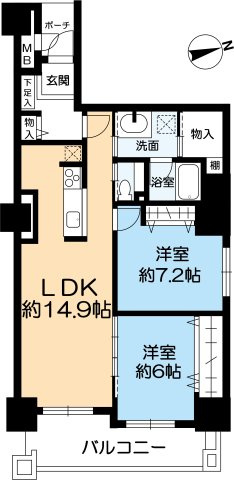 ラ・ヴィーダ西宮の間取り|2LDK　専有面積74.08㎡　バルコニー面積11.73㎡
