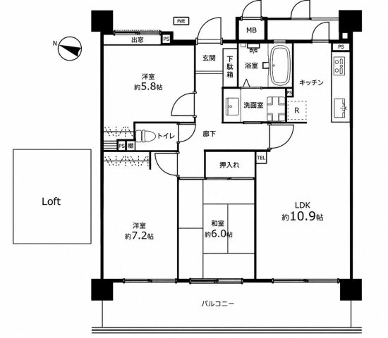 スターランド矢野駅前の間取り|使いやすい3LDKの間取りです。和室上部にロフトがあります。