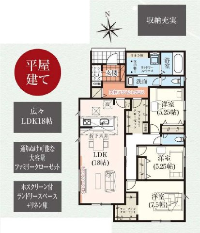 新築　太田市岩松町2期　GRAFARE　１号棟	の間取り|建物面積98.54㎡　シューズインクローク・ウォークインクローゼット・ファミリークローク・各部屋収納付きで便利です！ランドリースペースは雨でもお洗濯物もできますね♪
