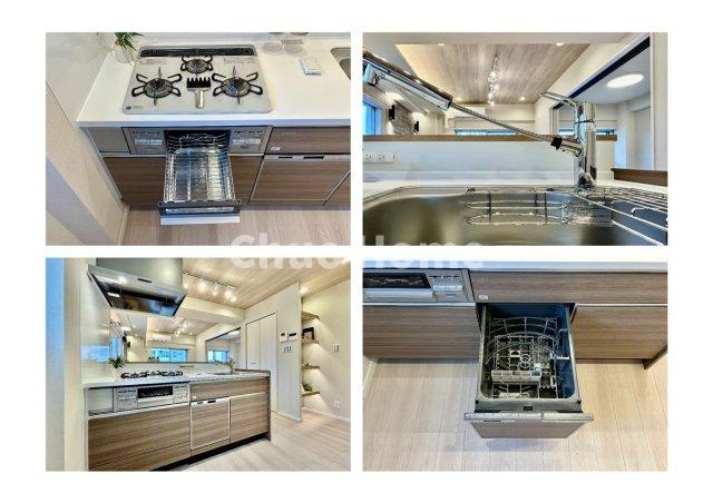 朝日言問マンションのキッチン|【システムキッチン】ワイドで収納豊富な使い勝手の良いカウンターキッチンには、食洗器・伸縮タイプのキッチン水栓、三ツ口コンロ・魚焼きグリルなどの便利な設備が標準完備されています。