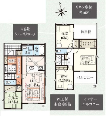 新築　太田市岩松町2期　GRAFARE　2号棟	の間取り|建物面積108.48㎡　シューズインクローク・ウォークインクローゼット・各部屋収納付きで便利です！インナーバルコニーなので突然の雨でもお洗濯物も安心です♪

