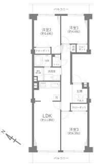 大宮平和台マンションA棟の間取り|【新規リノベ・3LDK】各洋室にクローゼット付きで、収納スペース充実！北東・西南の二面バルコニーで自然光を取り込みやすく、通風良好です！お子様のお部屋やプライベートの趣味のお部屋にご活用いただけます！