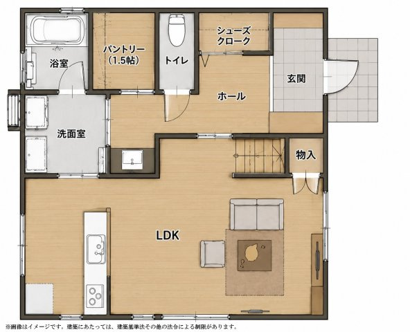 大久保町大窪の外観パース|1階平面図(イメージ)