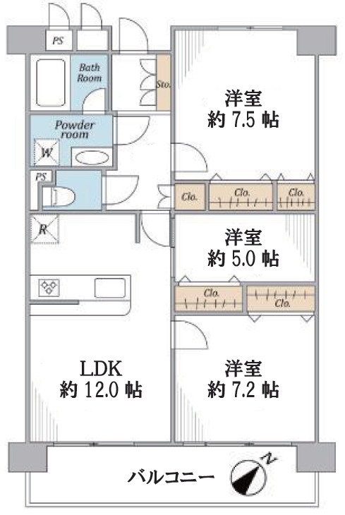 北千住パーク・ファミリアの間取り|東南向き3LDK