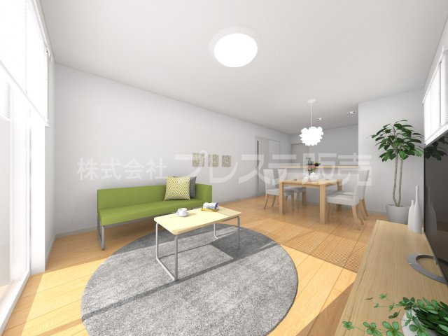 生駒市萩原町の新築一戸建 全３区画の居間・リビング|３号地リビング完成イメージ／南向きですので、陽あたり良好です♪※モデルハウスあり